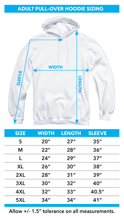 Adult pullover hoodie size chart