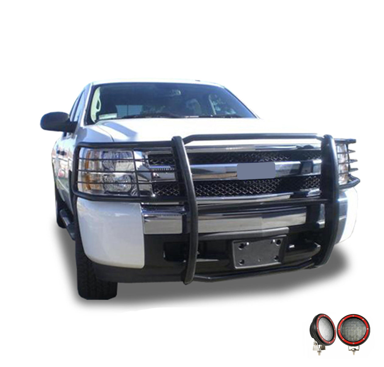 2007-2013 Chevrolet Silverado 1500 Grille Guard Kit Modular Pair  of 5.3" Dia. LED Flood Lights w/ Red Trim Rings Wiring Harness  and Switch | Black Horse Off Road - Image 8