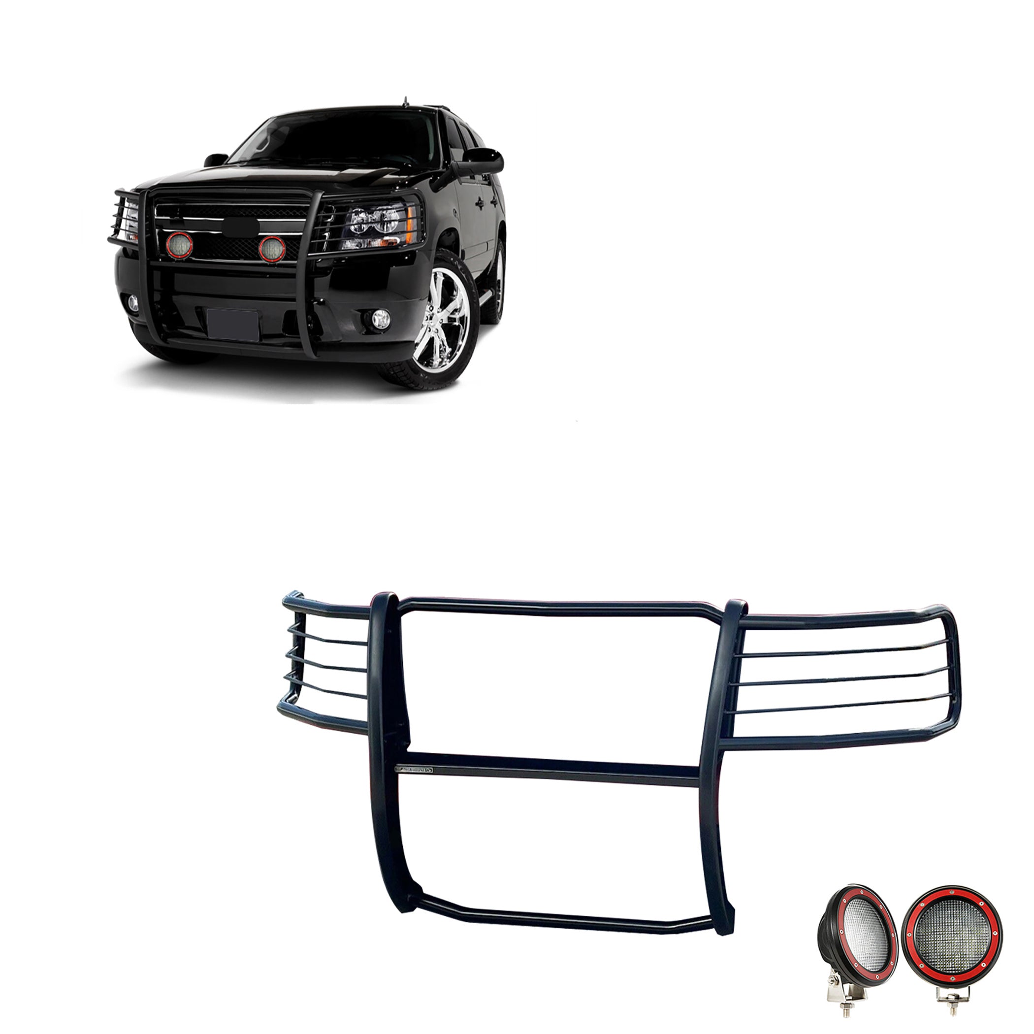 2007-2014 Chevrolet Avalanche Grille Guard Kit Modular Pair  of 5.3" Dia. LED Flood Lights w/ Red Trim Rings Wiring Harness  and Switch | Black Horse Off Road - Image 1