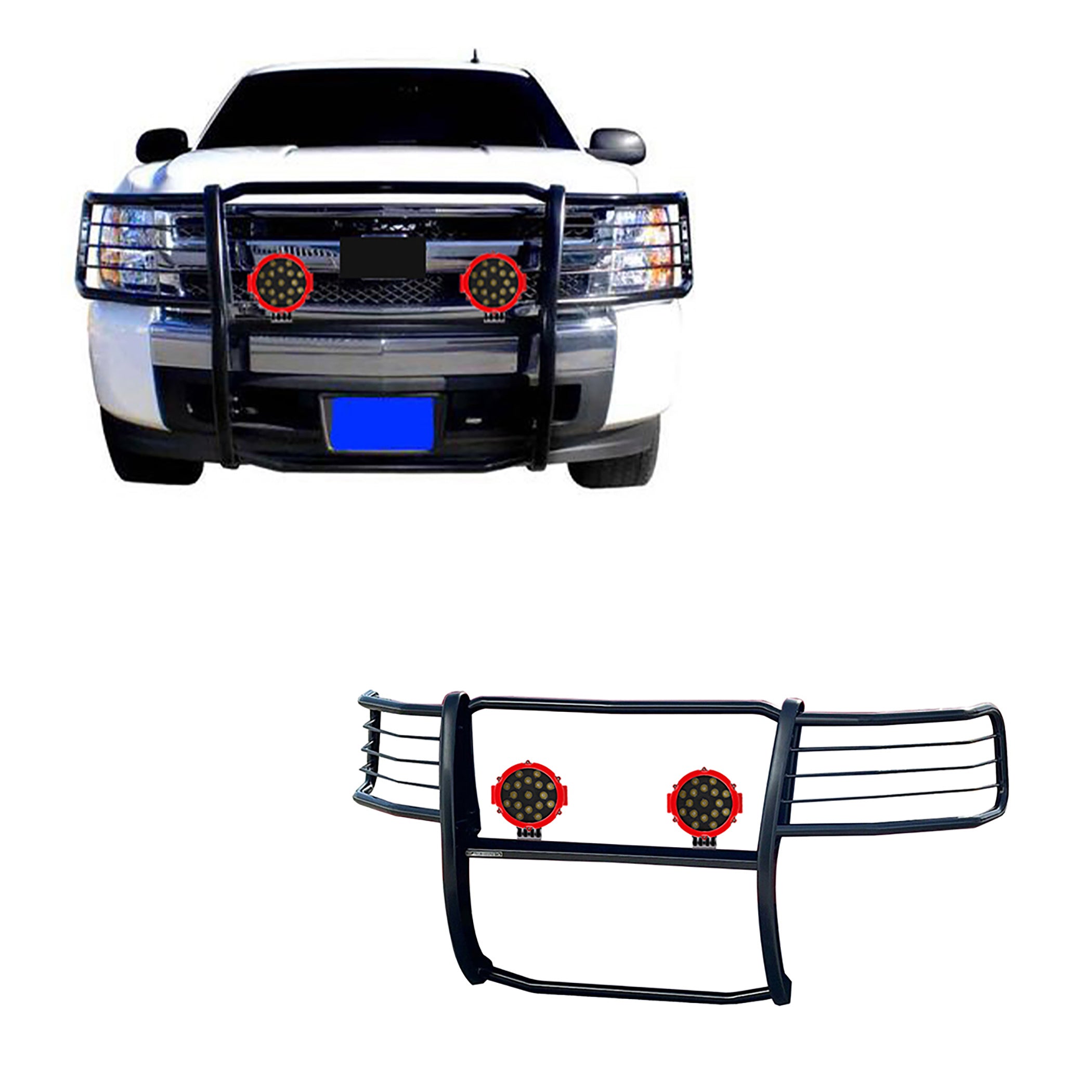 2007-2014 Chevrolet Avalanche Grille Guard Kit Modular Incl. pair of 7.0"Dia.  LED  Lights w/Red Trim Rings w/ Wiring Harness and Switch | Black Horse Off Road - Image 1