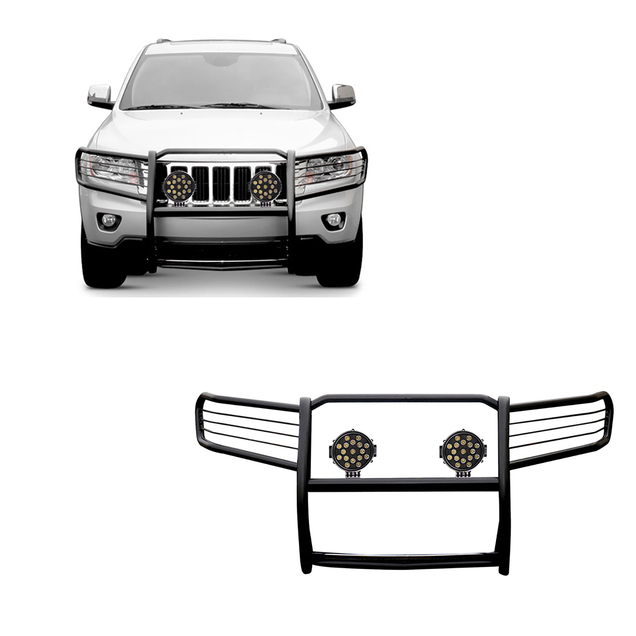2005-2010 Jeep Grand Cherokee Grille Guard Kit Modular Incl. pair of 7.0"Dia.  LED  Lights w/ Black Trim Rings w/ Wiring Harness and Switch | Black Horse Off Road - Image 1