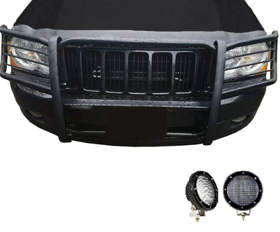 2005-2010 Jeep Grand Cherokee Grille Guard Kit Modular Pair  of 5.3" Dia. LED Flood Lights w/ Black Trim Rings Wiring Harness  and Switch | Black Horse Off Road - Image 1