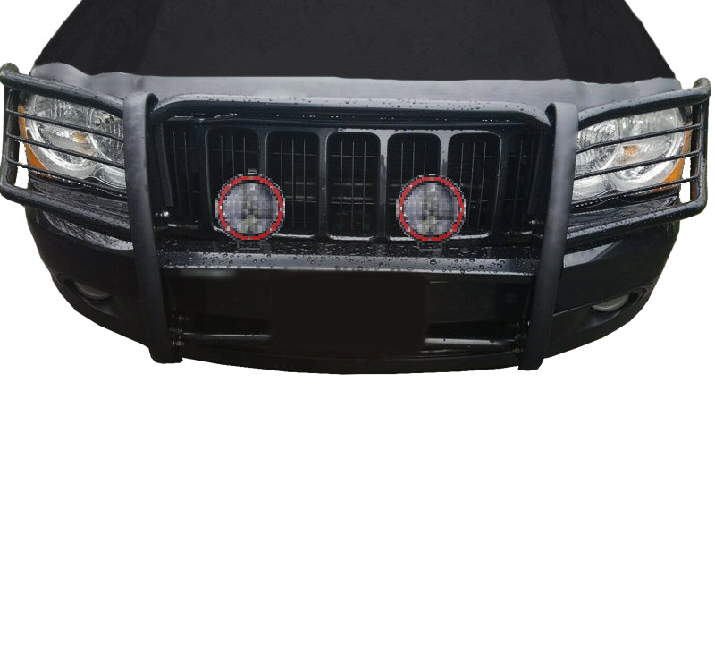 2005-2010 Jeep Grand Cherokee Grille Guard Kit Modular Pair  of 5.3" Dia. LED Flood Lights w/ Red Trim Rings Wiring Harness  and Switch | Black Horse Off Road - Image 1