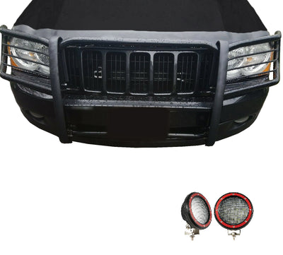 2005-2010 Jeep Grand Cherokee Grille Guard Kit Modular Pair  of 5.3" Dia. LED Flood Lights w/ Red Trim Rings Wiring Harness  and Switch | Black Horse Off Road - Image 9