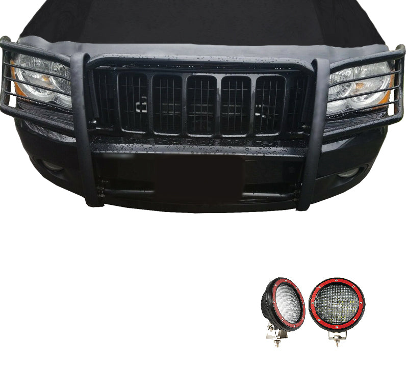 2005-2010 Jeep Grand Cherokee Grille Guard Kit Modular Pair  of 5.3" Dia. LED Flood Lights w/ Red Trim Rings Wiring Harness  and Switch | Black Horse Off Road - Image 9