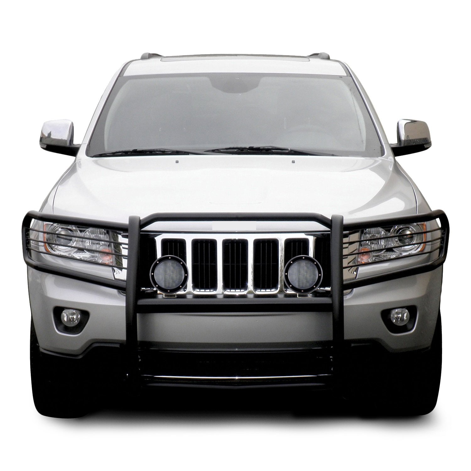 2011-2021 Jeep Grand Cherokee Grille Guard Kit Modular Pair  of 5.3" Dia. LED Flood Lights w/ Black Trim Rings Wiring Harness  and Switch | Black Horse Off Road - Image 1