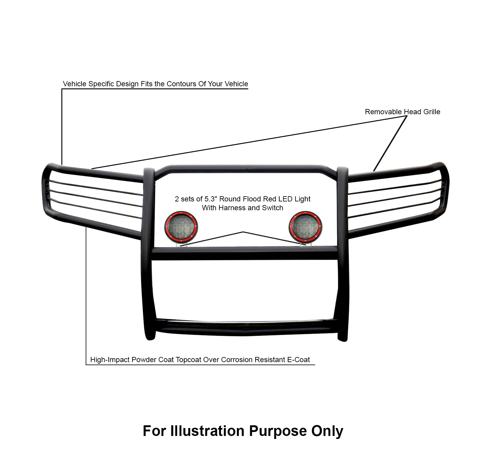 2011-2021 Jeep Grand Cherokee Grille Guard Kit Modular Pair  of 5.3" Dia. LED Flood Lights w/ Red Trim Rings Wiring Harness  and Switch | Black Horse Off Road - Image 6