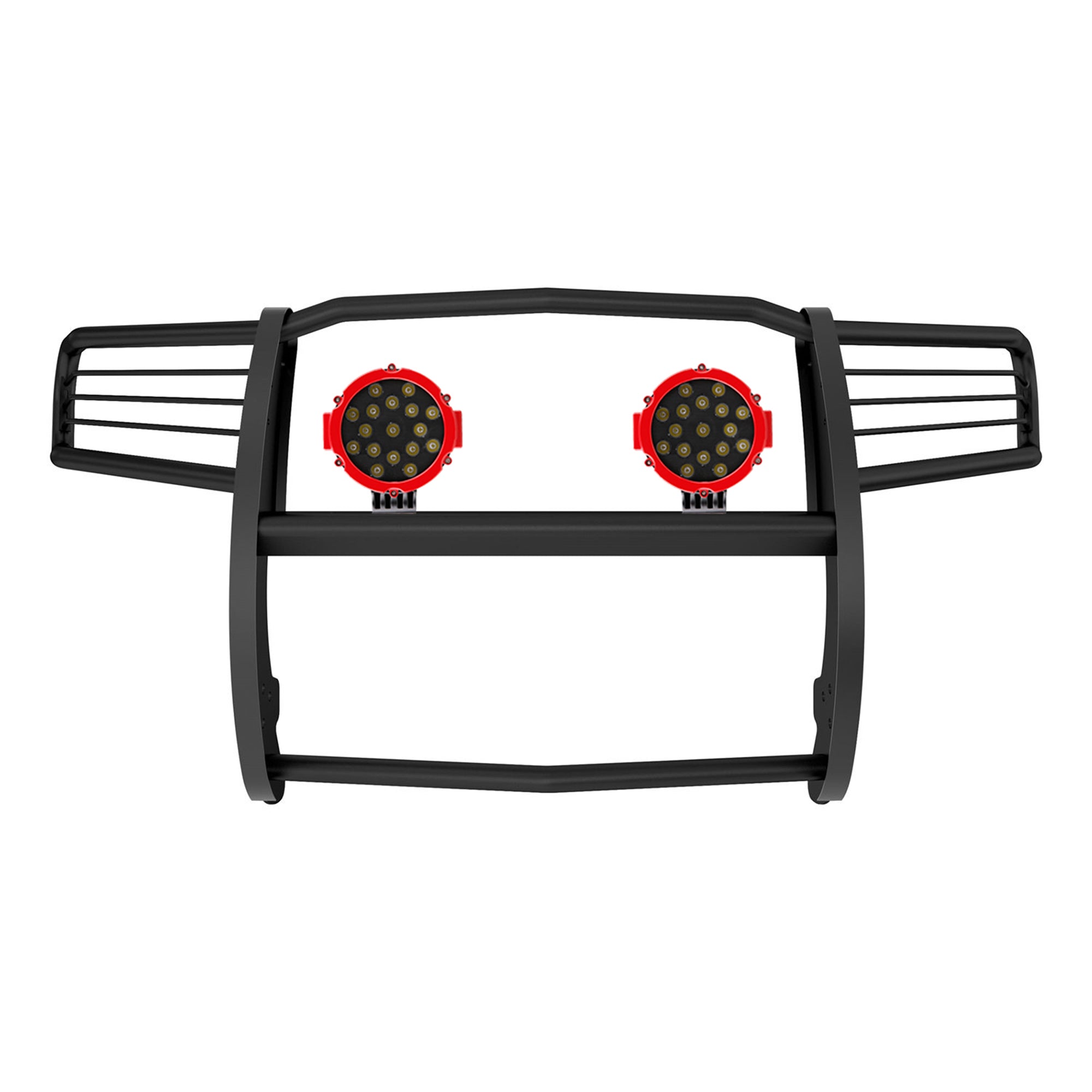 2011-2021 Jeep Grand Cherokee Grille Guard Kit Modular Incl. pair of 7.0"Dia.  LED  Lights w/Red Trim Rings w/ Wiring Harness and Switch | Black Horse Off Road - Image 1