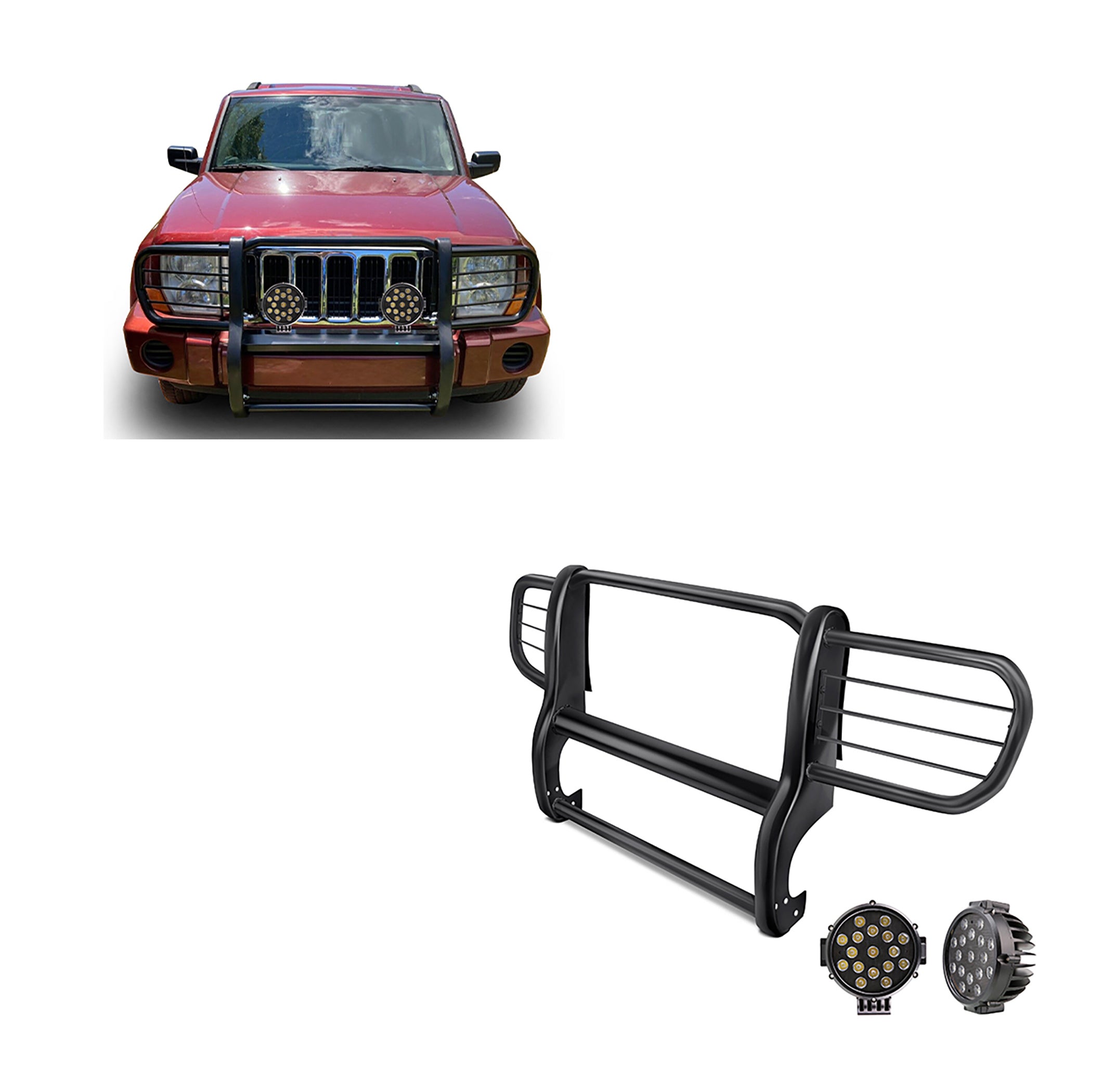 2006-2010 Jeep Commander Grille Guard Kit Modular Incl. pair of 7.0"Dia.  LED  Lights w/ Black Trim Rings w/ Wiring Harness and Switch | Black Horse Off Road - Image 1