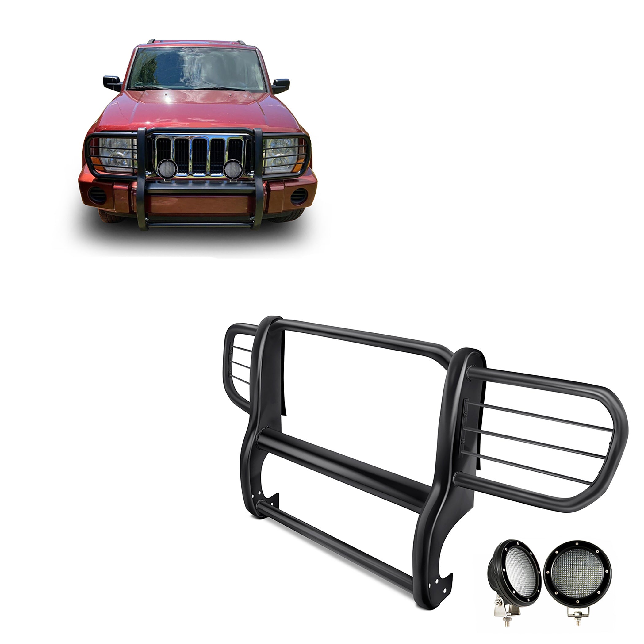 2006-2010 Jeep Commander Grille Guard Kit Modular Pair  of 5.3" Dia. LED Flood Lights w/ Black Trim Rings Wiring Harness  and Switch | Black Horse Off Road - Image 1