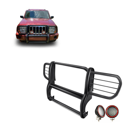 2006-2010 Jeep Commander Grille Guard Kit Modular Pair  of 5.3" Dia. LED Flood Lights w/ Red Trim Rings Wiring Harness  and Switch | Black Horse Off Road - Image 1
