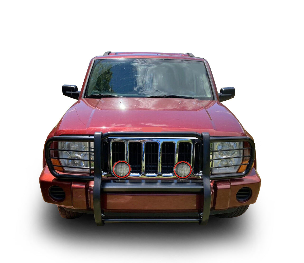 2006-2010 Jeep Commander Grille Guard Kit Modular Pair  of 5.3" Dia. LED Flood Lights w/ Red Trim Rings Wiring Harness  and Switch | Black Horse Off Road - Image 6