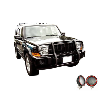 2006-2010 Jeep Commander Grille Guard Kit Modular Pair  of 5.3" Dia. LED Flood Lights w/ Red Trim Rings Wiring Harness  and Switch | Black Horse Off Road - Image 7