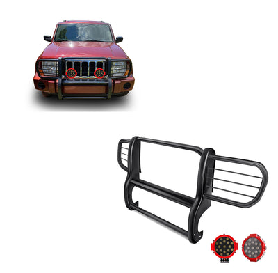 2006-2010 Jeep Commander Grille Guard Kit Modular Incl. pair of 7.0"Dia.  LED  Lights w/Red Trim Rings w/ Wiring Harness and Switch | Black Horse Off Road - Image 1