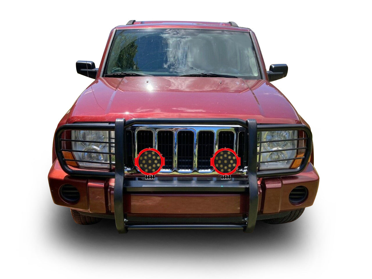 2006-2010 Jeep Commander Grille Guard Kit Modular Incl. pair of 7.0"Dia.  LED  Lights w/Red Trim Rings w/ Wiring Harness and Switch | Black Horse Off Road - Image 3