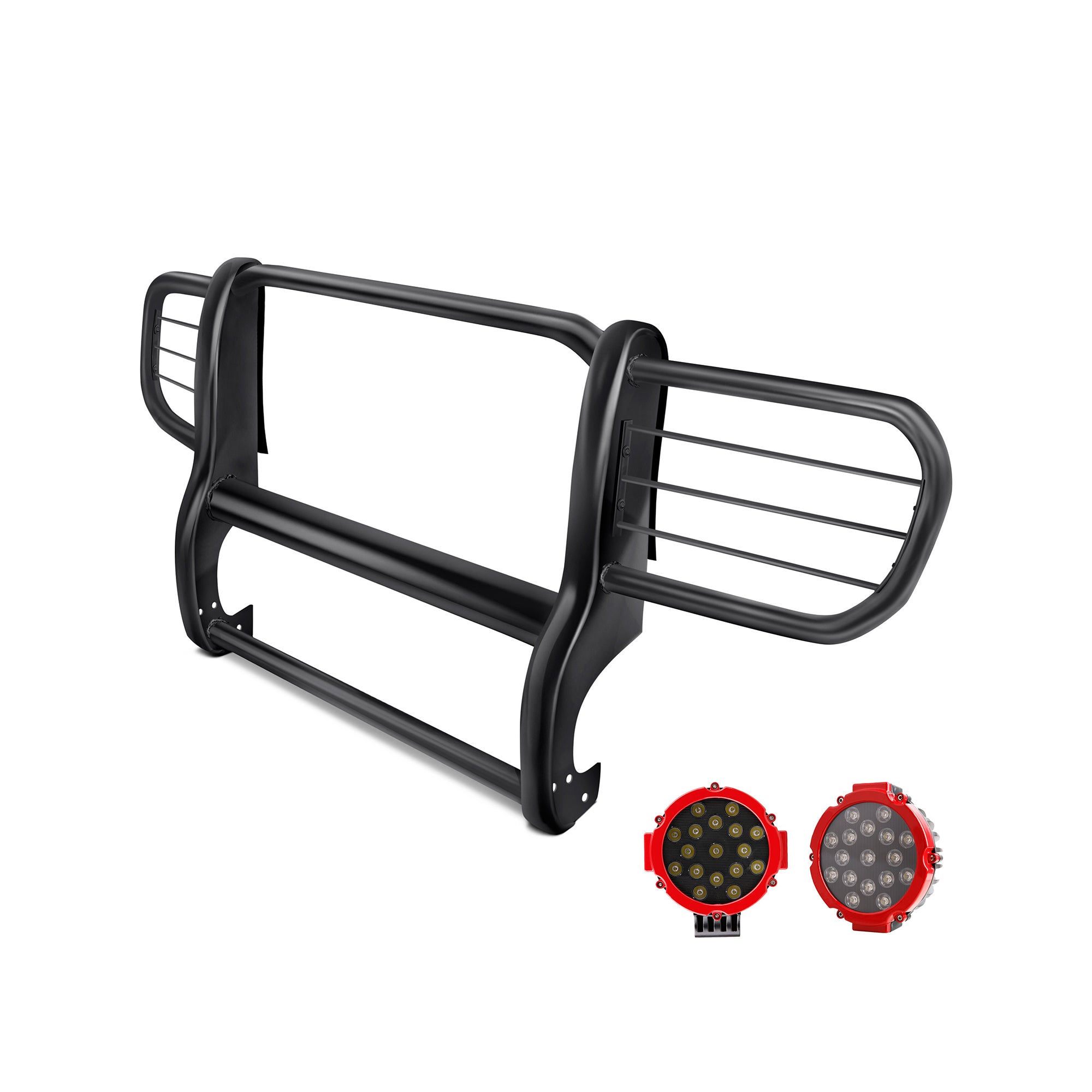 2006-2010 Jeep Commander Grille Guard Kit Modular Incl. pair of 7.0"Dia.  LED  Lights w/Red Trim Rings w/ Wiring Harness and Switch | Black Horse Off Road - Image 4