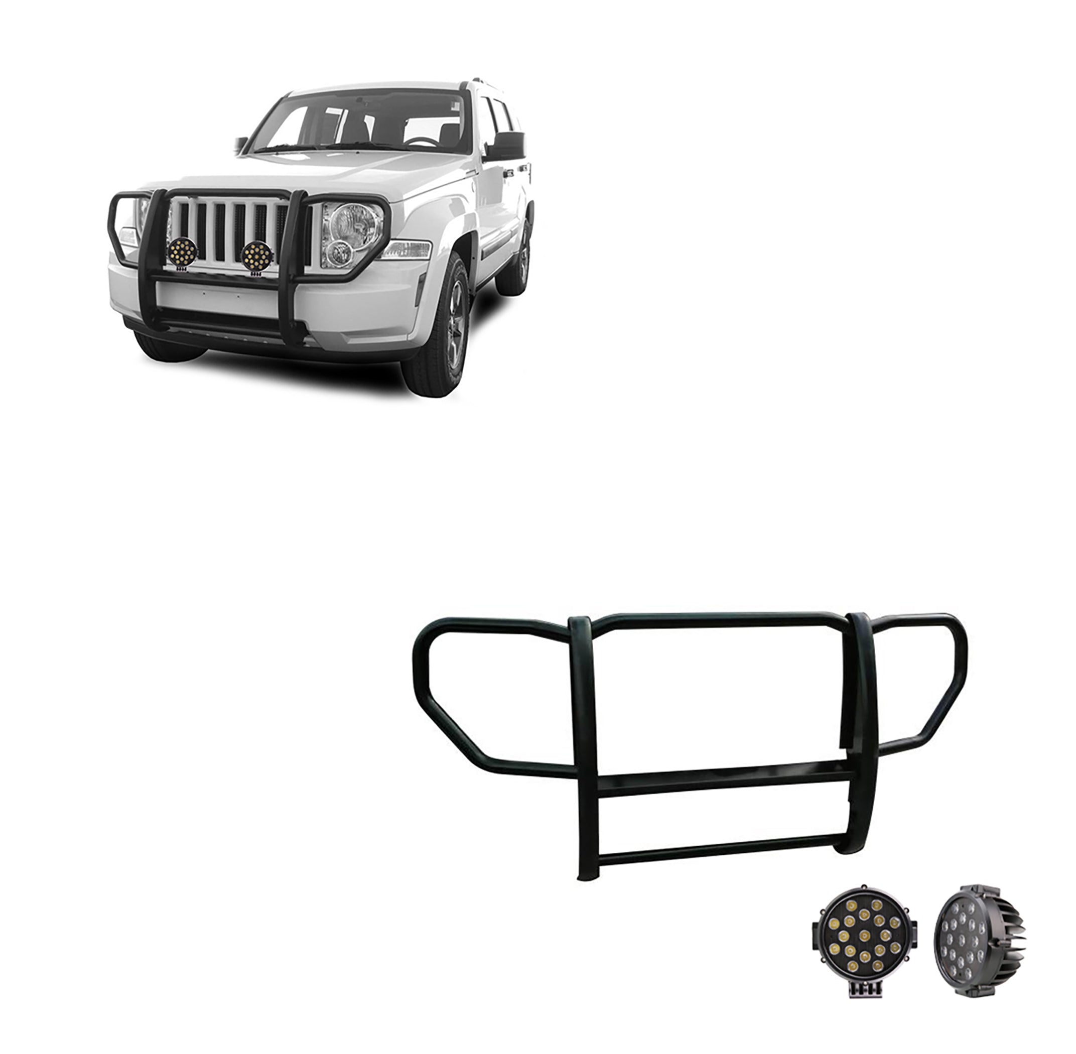 2008-2012 Jeep Liberty Grille Guard Kit 1-Piece Incl. pair of 7.0"Dia.  LED  Lights w/ Black Trim Rings w/ Wiring Harness and Switch | Black Horse Off Road - Image 1