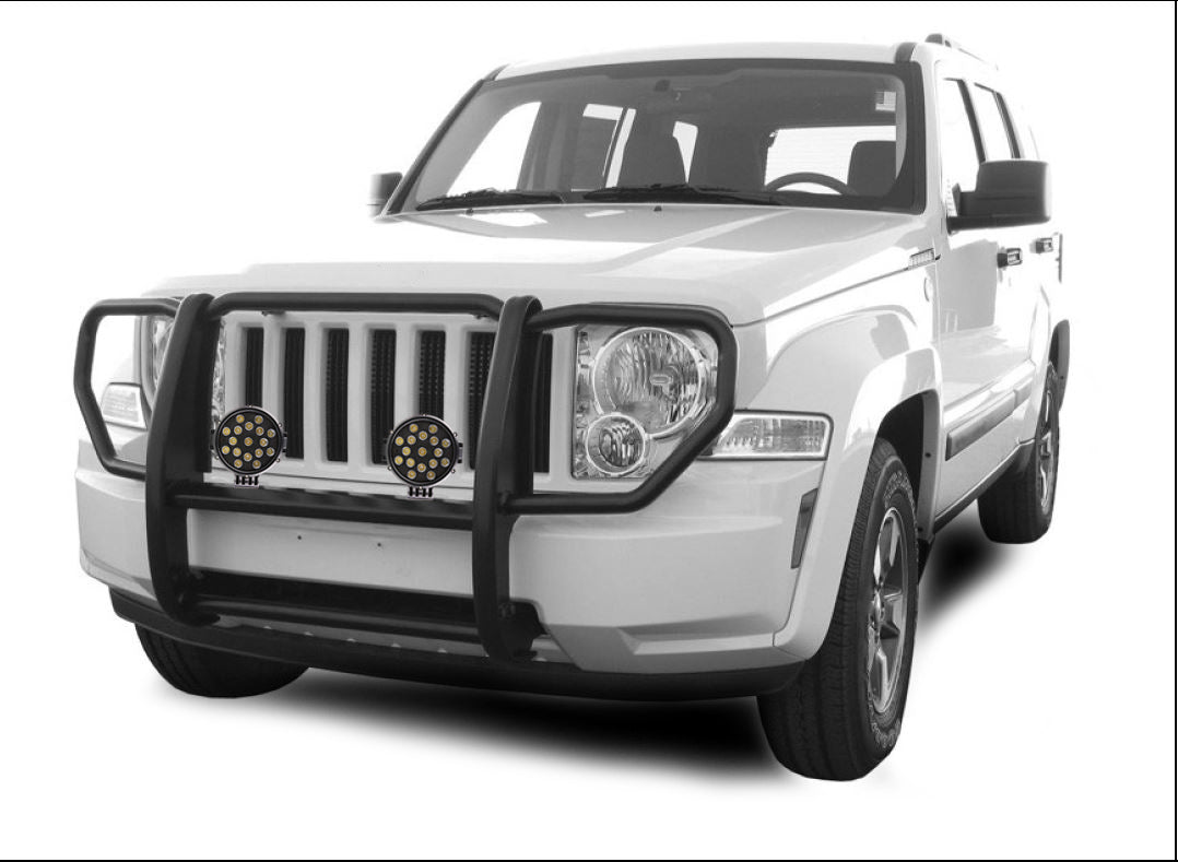 2008-2012 Jeep Liberty Grille Guard Kit 1-Piece Incl. pair of 7.0"Dia.  LED  Lights w/ Black Trim Rings w/ Wiring Harness and Switch | Black Horse Off Road - Image 3