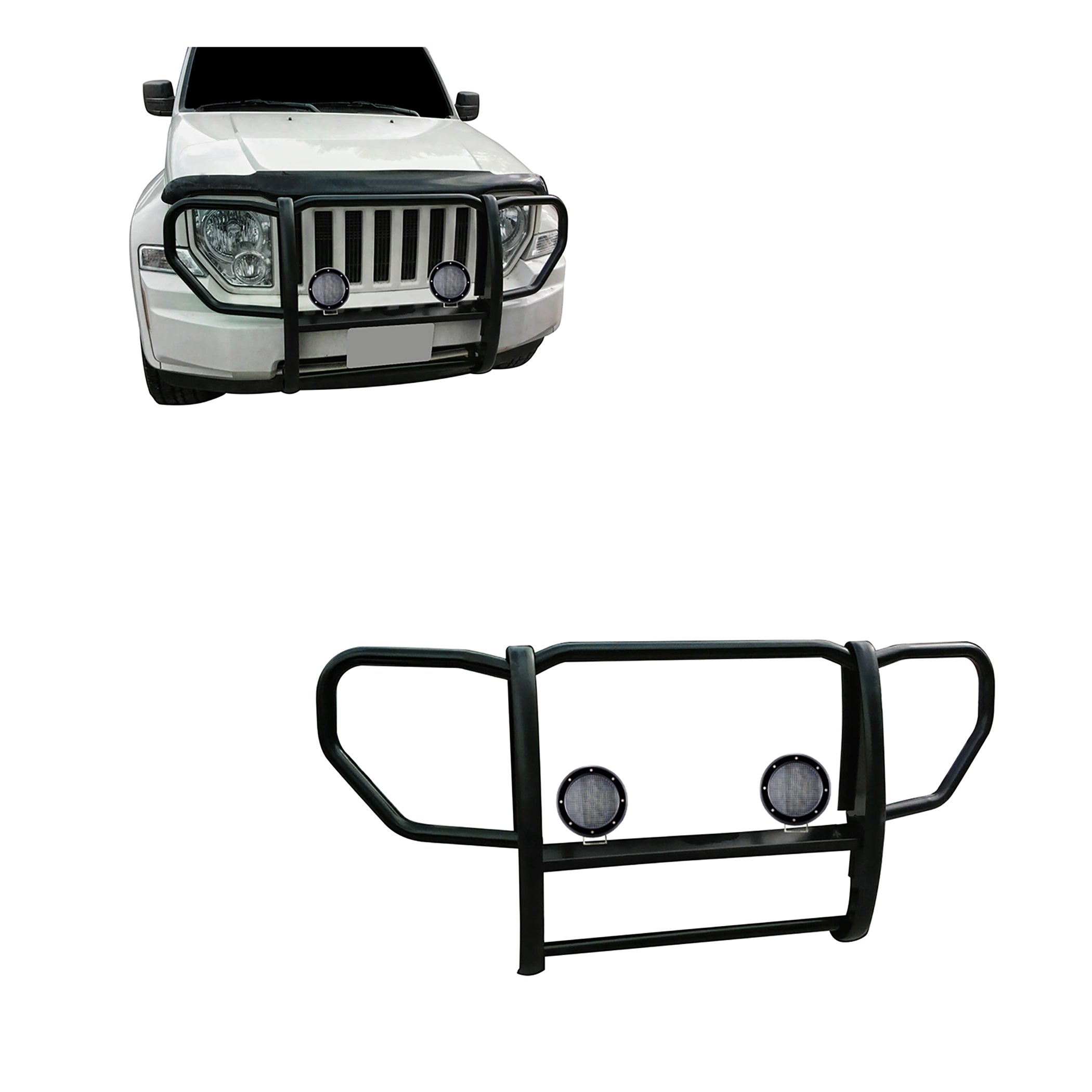 2008-2012 Jeep Liberty Grille Guard Kit 1-Piece Pair  of 5.3" Dia. LED Flood Lights w/ Black Trim Rings Wiring Harness  and Switch | Black Horse Off Road - Image 1