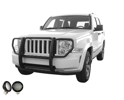 2008-2012 Jeep Liberty Grille Guard Kit 1-Piece Pair  of 5.3" Dia. LED Flood Lights w/ Black Trim Rings Wiring Harness  and Switch | Black Horse Off Road - Image 8