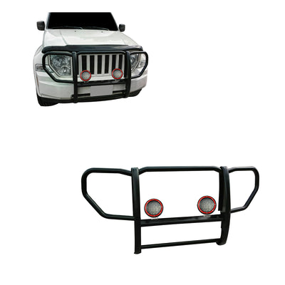 2008-2012 Jeep Liberty Grille Guard Kit 1-Piece Pair  of 5.3" Dia. LED Flood Lights w/ Red Trim Rings Wiring Harness  and Switch | Black Horse Off Road - Image 1