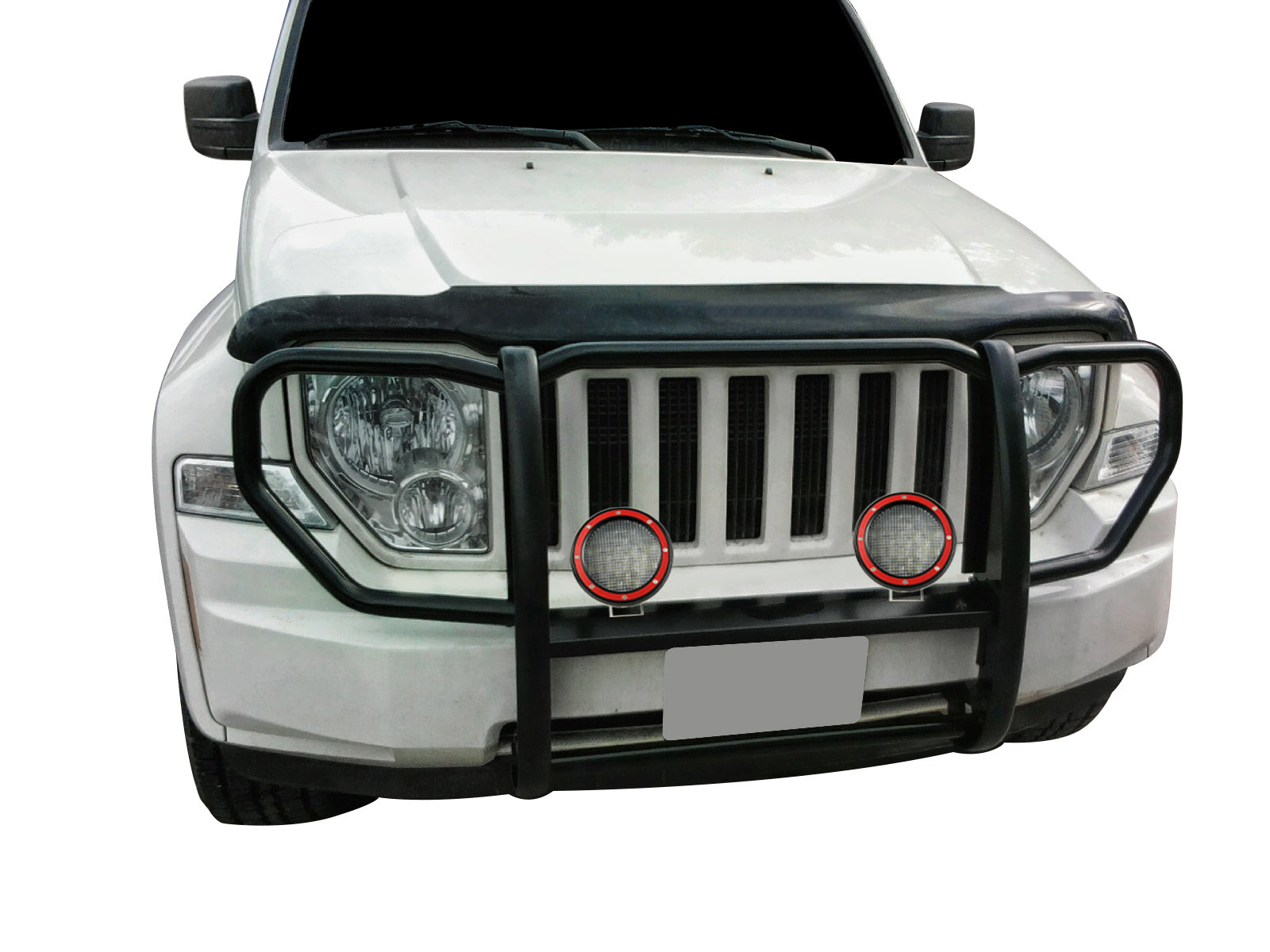 2008-2012 Jeep Liberty Grille Guard Kit 1-Piece Pair  of 5.3" Dia. LED Flood Lights w/ Red Trim Rings Wiring Harness  and Switch | Black Horse Off Road - Image 9