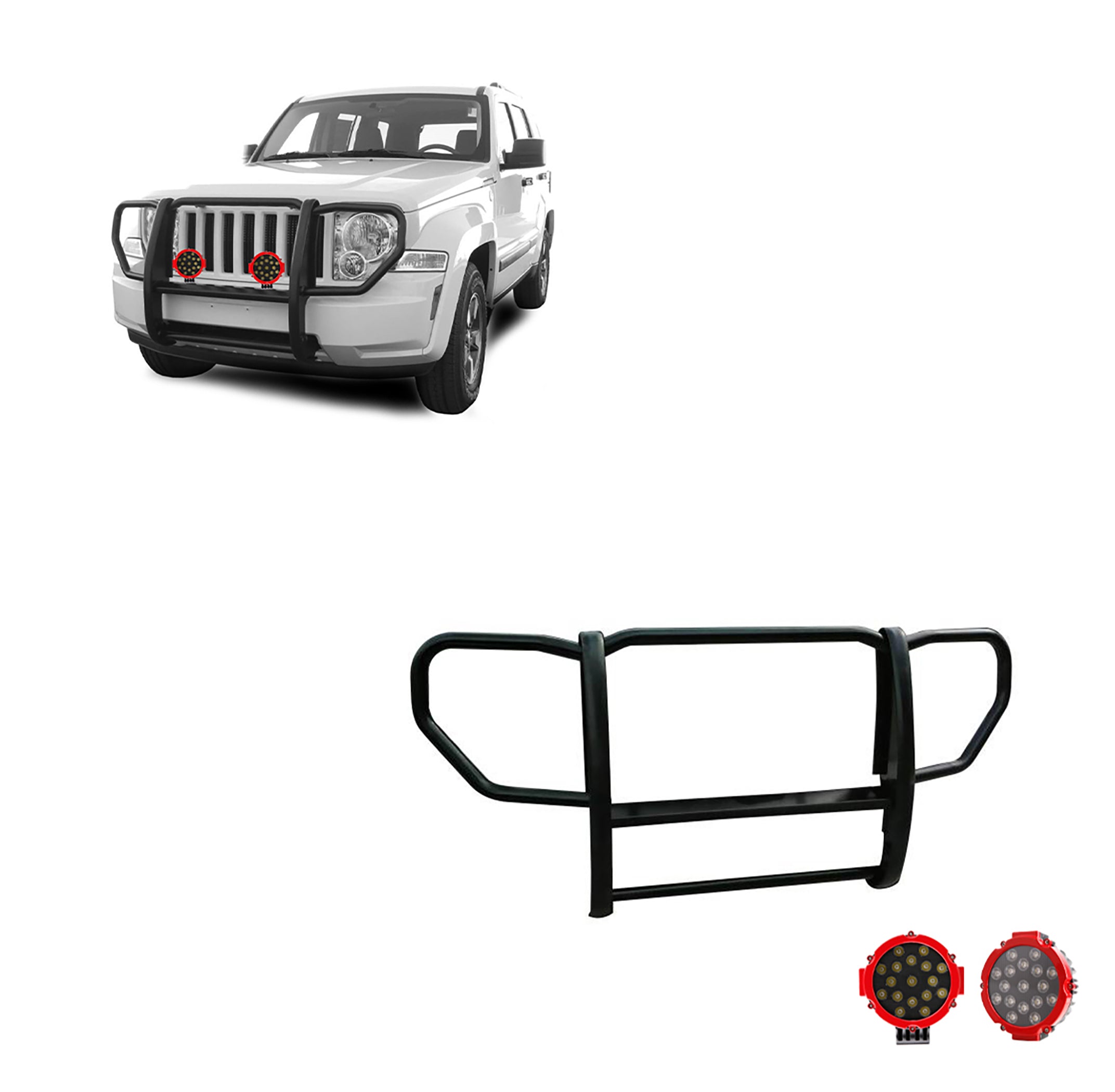 2008-2012 Jeep Liberty Grille Guard Kit 1-Piece Incl. pair of 7.0"Dia.  LED  Lights w/Red Trim Rings w/ Wiring Harness and Switch | Black Horse Off Road - Image 1
