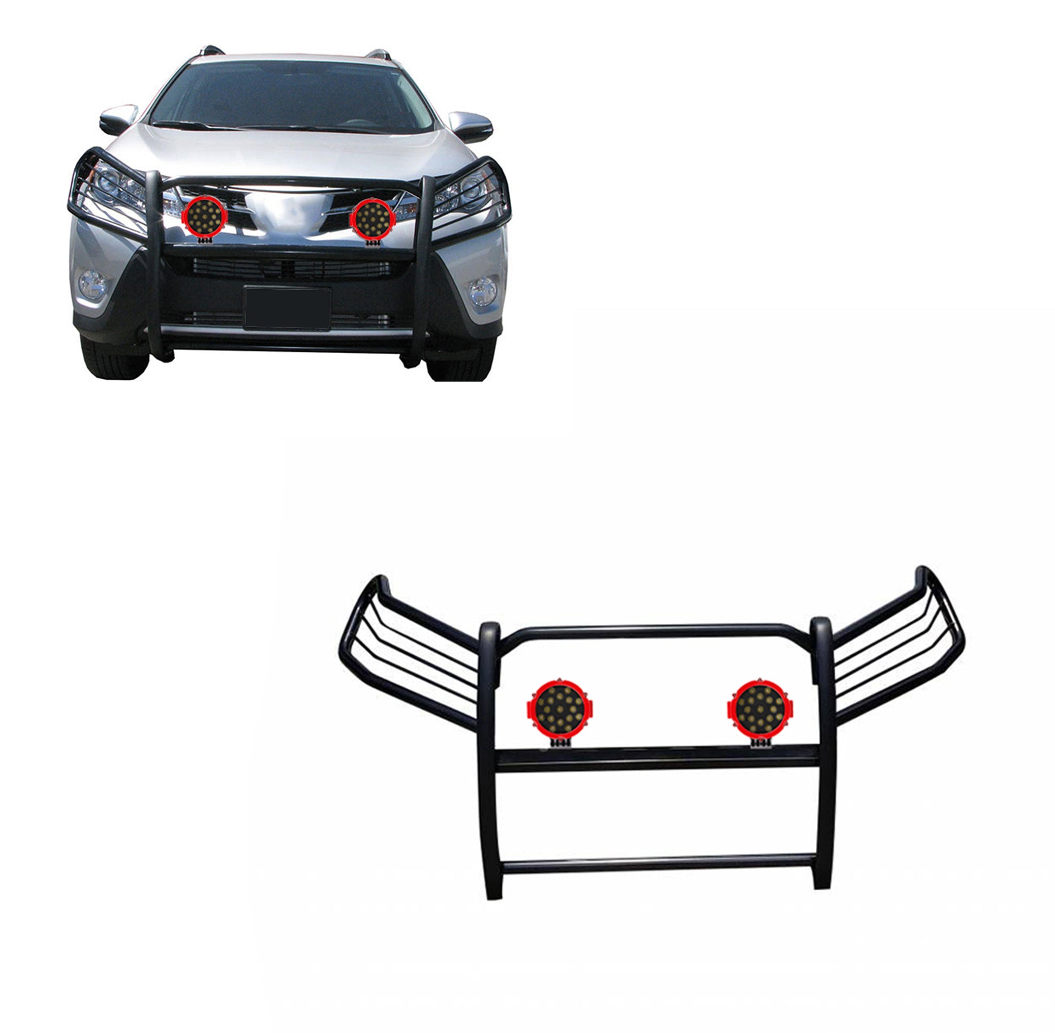 2006-2018 Toyota Rav4 Grille Guard Kit Modular Incl. pair of 7.0"Dia.  LED  Lights w/Red Trim Rings w/ Wiring Harness and Switch | Black Horse Off Road - Image 1