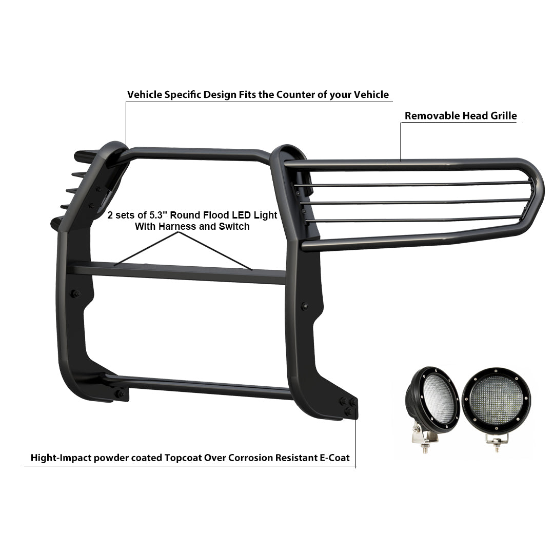 2016-2023 Toyota Tacoma Grille Guard Kit Modular Pair  of 5.3" Dia. LED Flood Lights w/ Black Trim Rings Wiring Harness  and Switch | Black Horse Off Road - Image 10