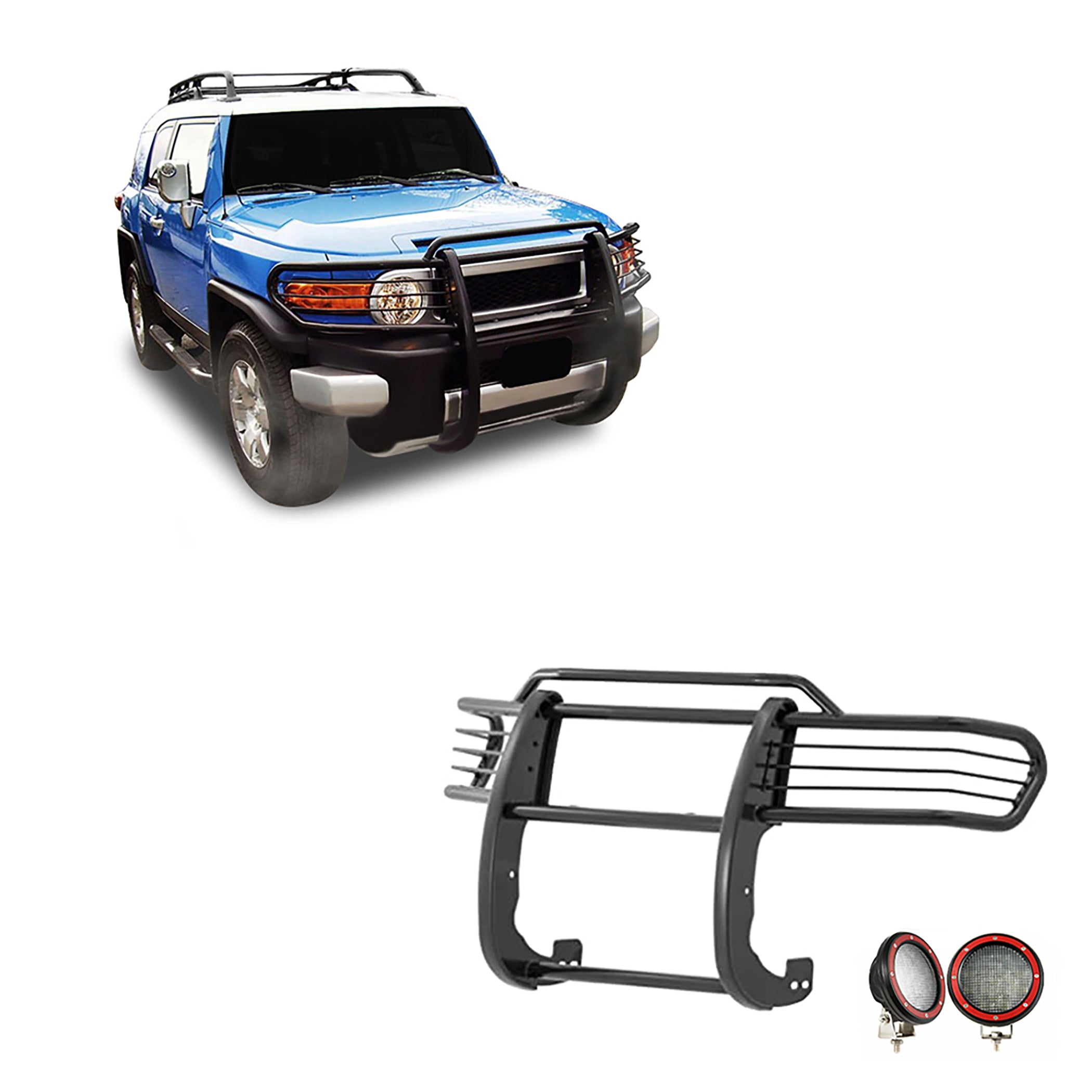 2007-2014 Toyota Fj Cruiser Grille Guard Kit Modular Pair  of 5.3" Dia. LED Flood Lights w/ Red Trim Rings Wiring Harness  and Switch | Black Horse Off Road - Image 1
