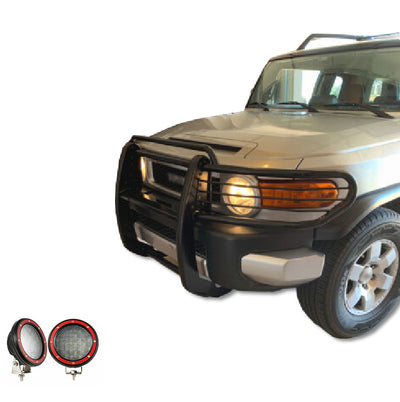 2007-2014 Toyota Fj Cruiser Grille Guard Kit Modular Pair  of 5.3" Dia. LED Flood Lights w/ Red Trim Rings Wiring Harness  and Switch | Black Horse Off Road - Image 7