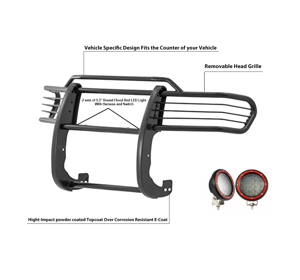 2007-2014 Toyota Fj Cruiser Grille Guard Kit Modular Pair  of 5.3" Dia. LED Flood Lights w/ Red Trim Rings Wiring Harness  and Switch | Black Horse Off Road - Image 9