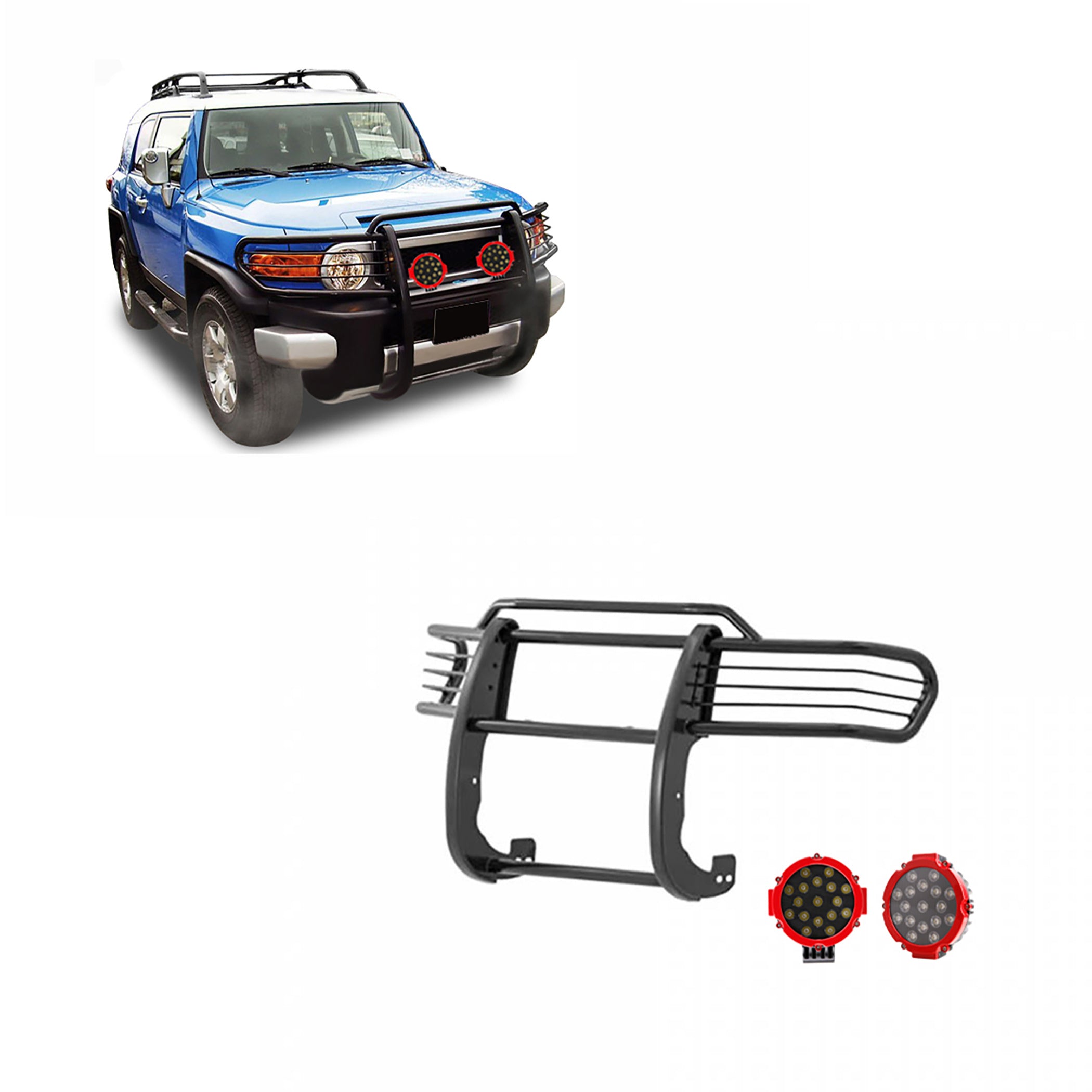 2007-2014 Toyota Fj Cruiser Grille Guard Kit Modular Incl. pair of 7.0"Dia.  LED  Lights w/Red Trim Rings w/ Wiring Harness and Switch | Black Horse Off Road - Image 1