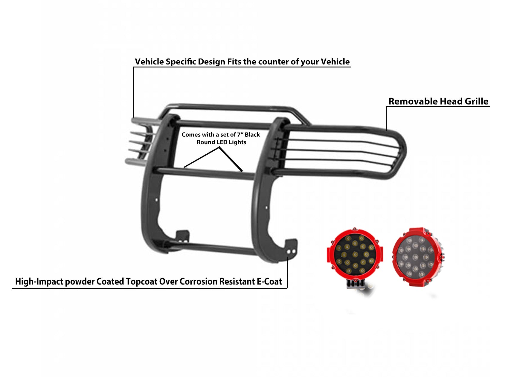 2007-2014 Toyota Fj Cruiser Grille Guard Kit Modular Incl. pair of 7.0"Dia.  LED  Lights w/Red Trim Rings w/ Wiring Harness and Switch | Black Horse Off Road - Image 10