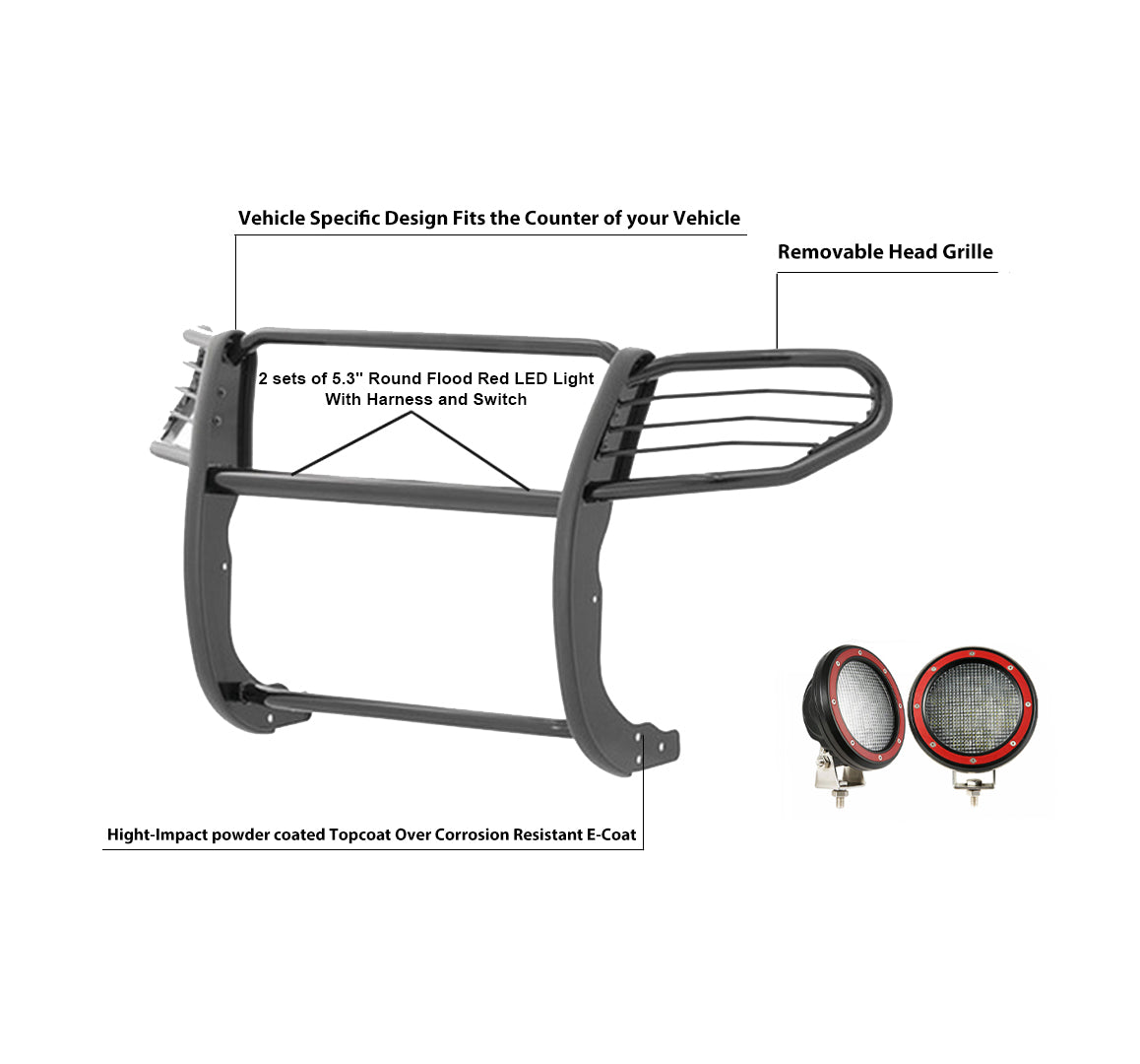 2005-2021 Nissan Frontier Grille Guard Kit Modular Pair  of 5.3" Dia. LED Flood Lights w/ Red Trim Rings Wiring Harness  and Switch | Black Horse Off Road - Image 5