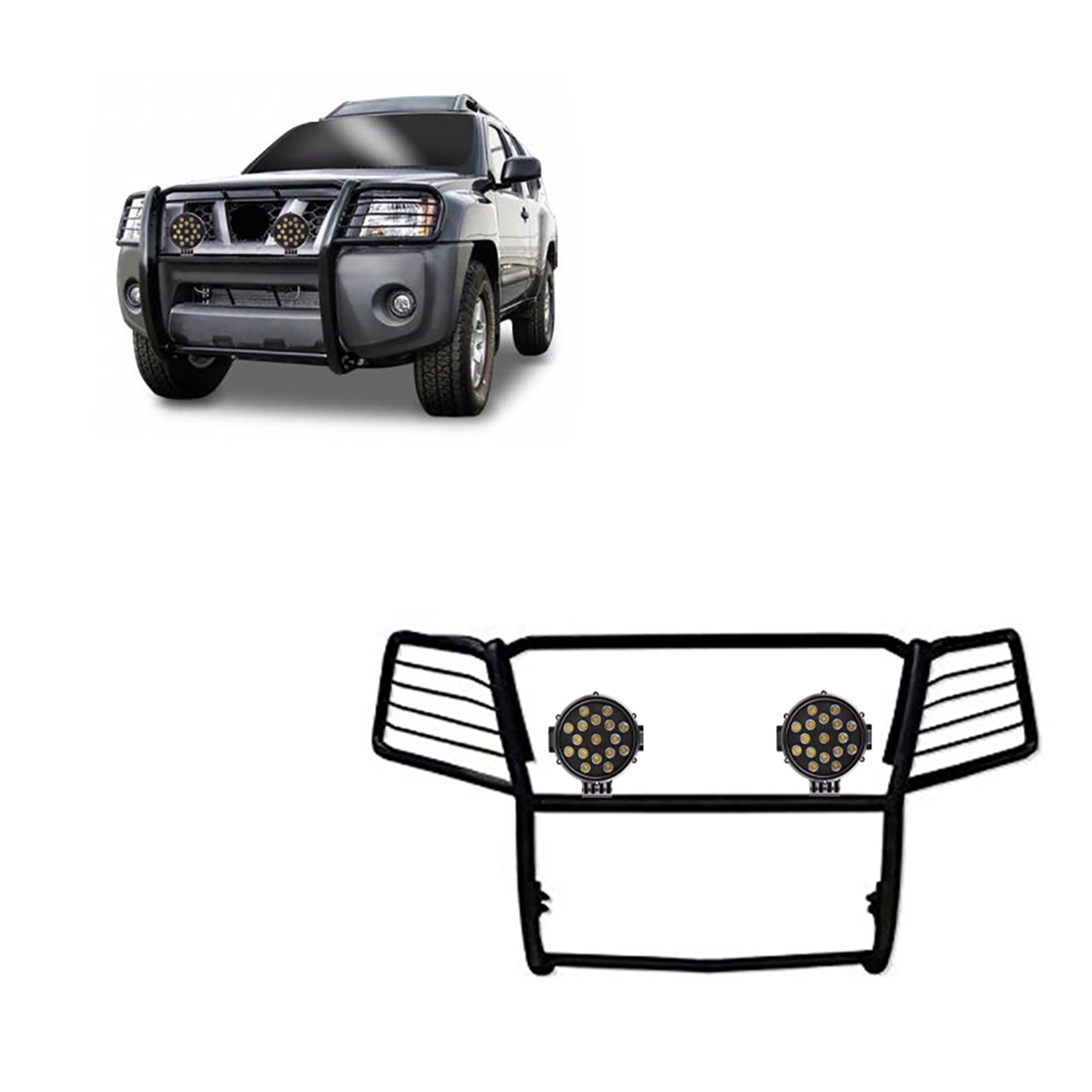2005-2015 Nissan Xterra Grille Guard Kit Modular Incl. pair of 7.0"Dia.  LED  Lights w/ Black Trim Rings w/ Wiring Harness and Switch | Black Horse Off Road - Image 1