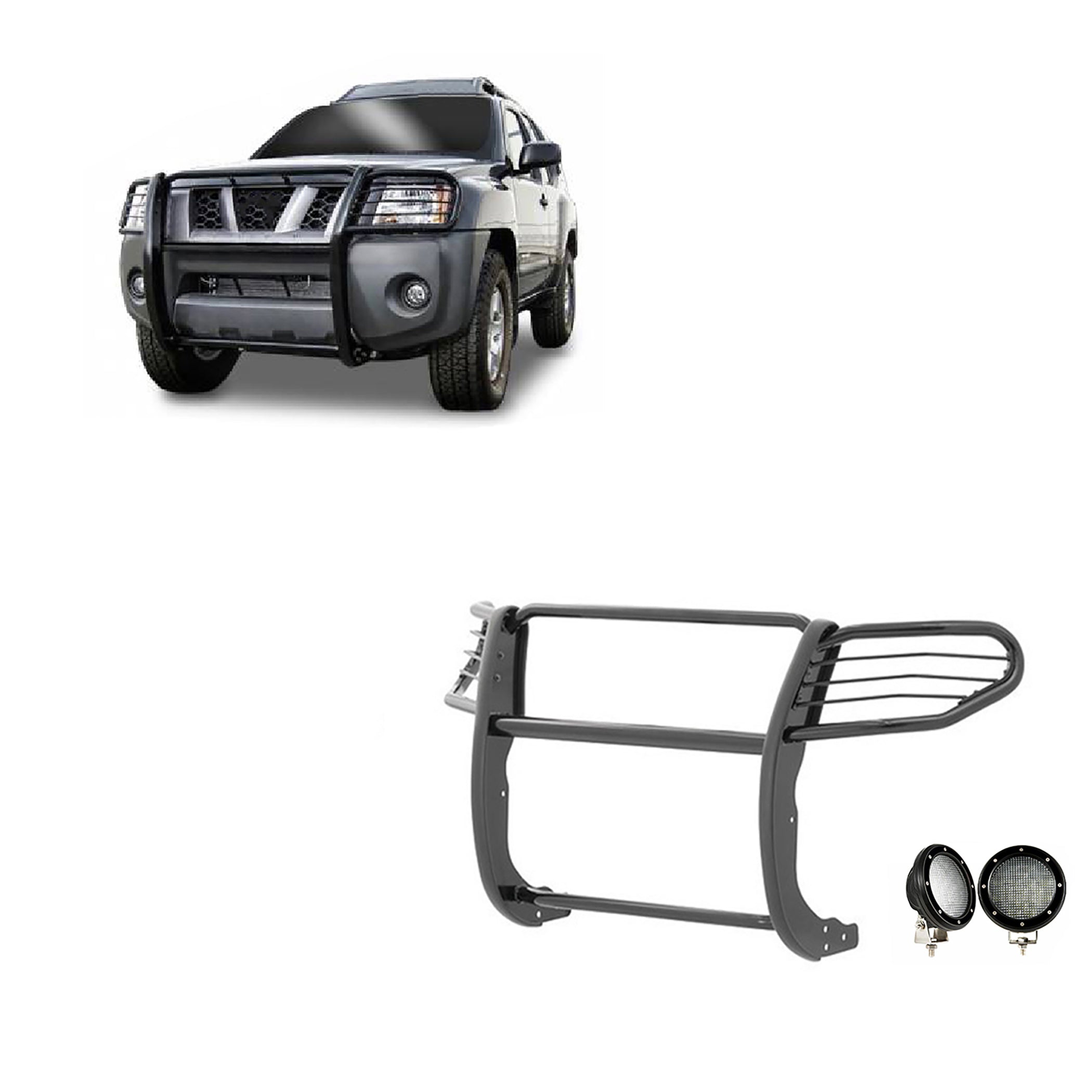 2005-2015 Nissan Xterra Grille Guard Kit Modular Pair  of 5.3" Dia. LED Flood Lights w/ Black Trim Rings Wiring Harness  and Switch | Black Horse Off Road - Image 1