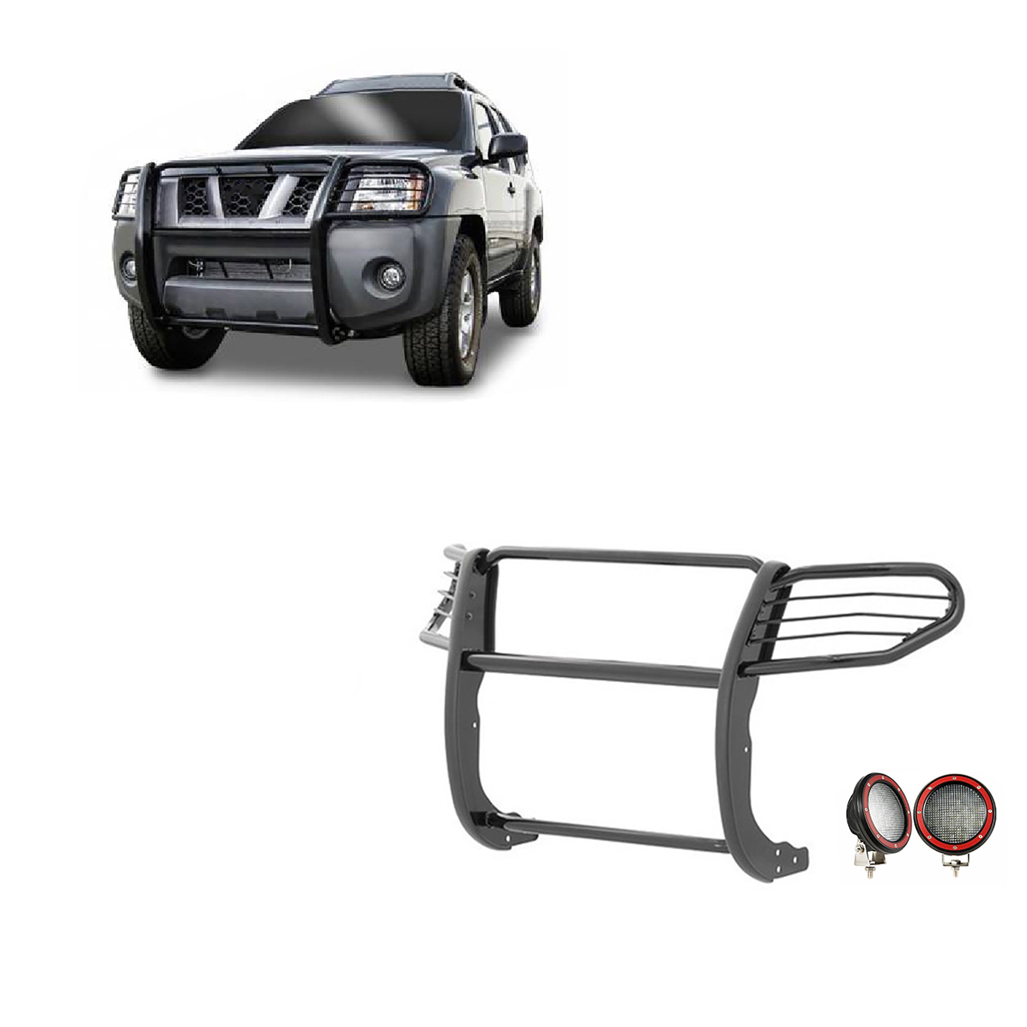 2005-2015 Nissan Xterra Grille Guard Kit Modular Pair  of 5.3" Dia. LED Flood Lights w/ Red Trim Rings Wiring Harness  and Switch | Black Horse Off Road - Image 1