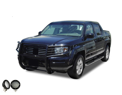 2006-2014 Honda Ridgeline Grille Guard Kit Modular Pair  of 5.3" Dia. LED Flood Lights w/ Black Trim Rings Wiring Harness  and Switch | Black Horse Off Road - Image 7