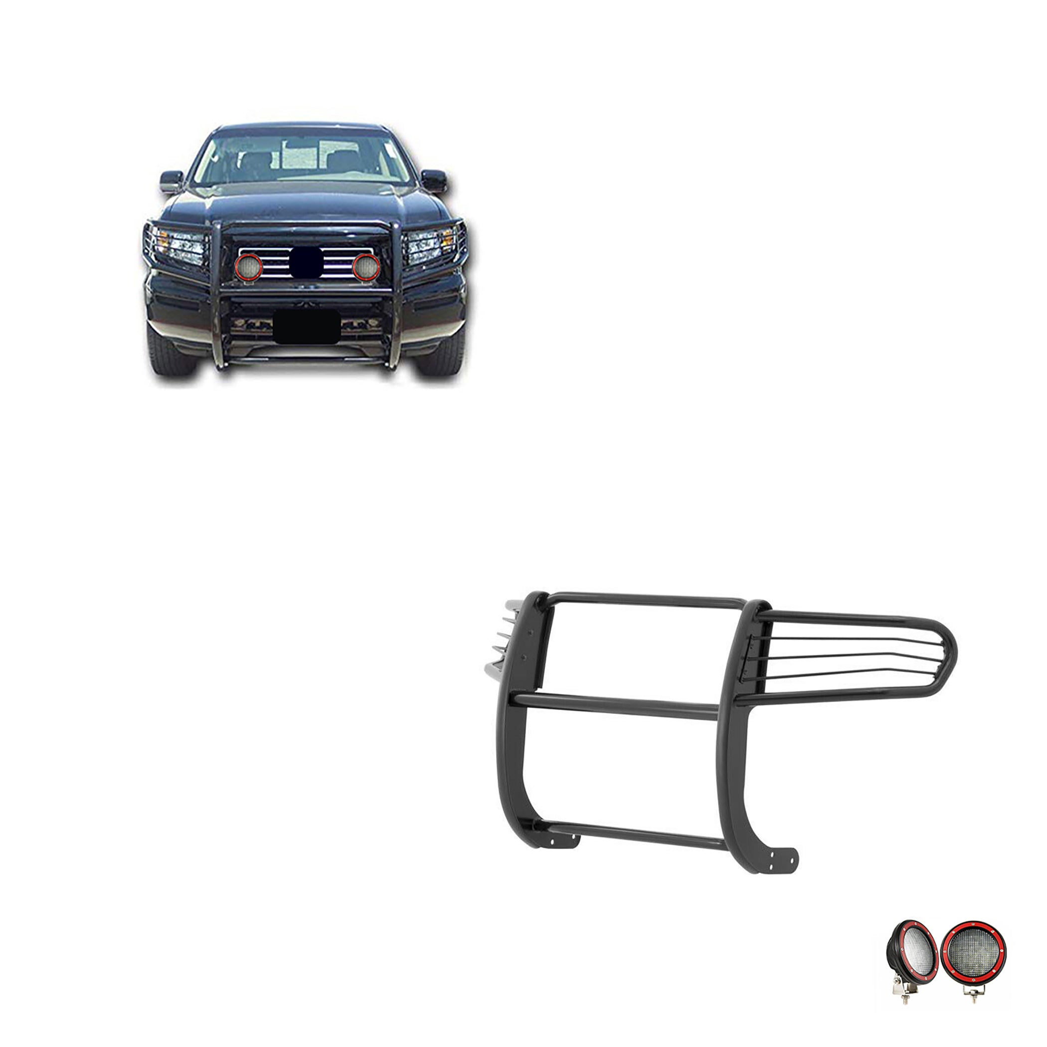 2006-2014 Honda Ridgeline Grille Guard Kit Modular Pair  of 5.3" Dia. LED Flood Lights w/ Red Trim Rings Wiring Harness  and Switch | Black Horse Off Road - Image 1