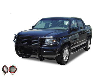 2006-2014 Honda Ridgeline Grille Guard Kit Modular Pair  of 5.3" Dia. LED Flood Lights w/ Red Trim Rings Wiring Harness  and Switch | Black Horse Off Road - Image 7