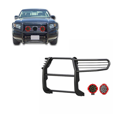 2006-2014 Honda Ridgeline Grille Guard Kit Modular Incl. pair of 7.0"Dia.  LED  Lights w/Red Trim Rings w/ Wiring Harness and Switch | Black Horse Off Road - Image 1