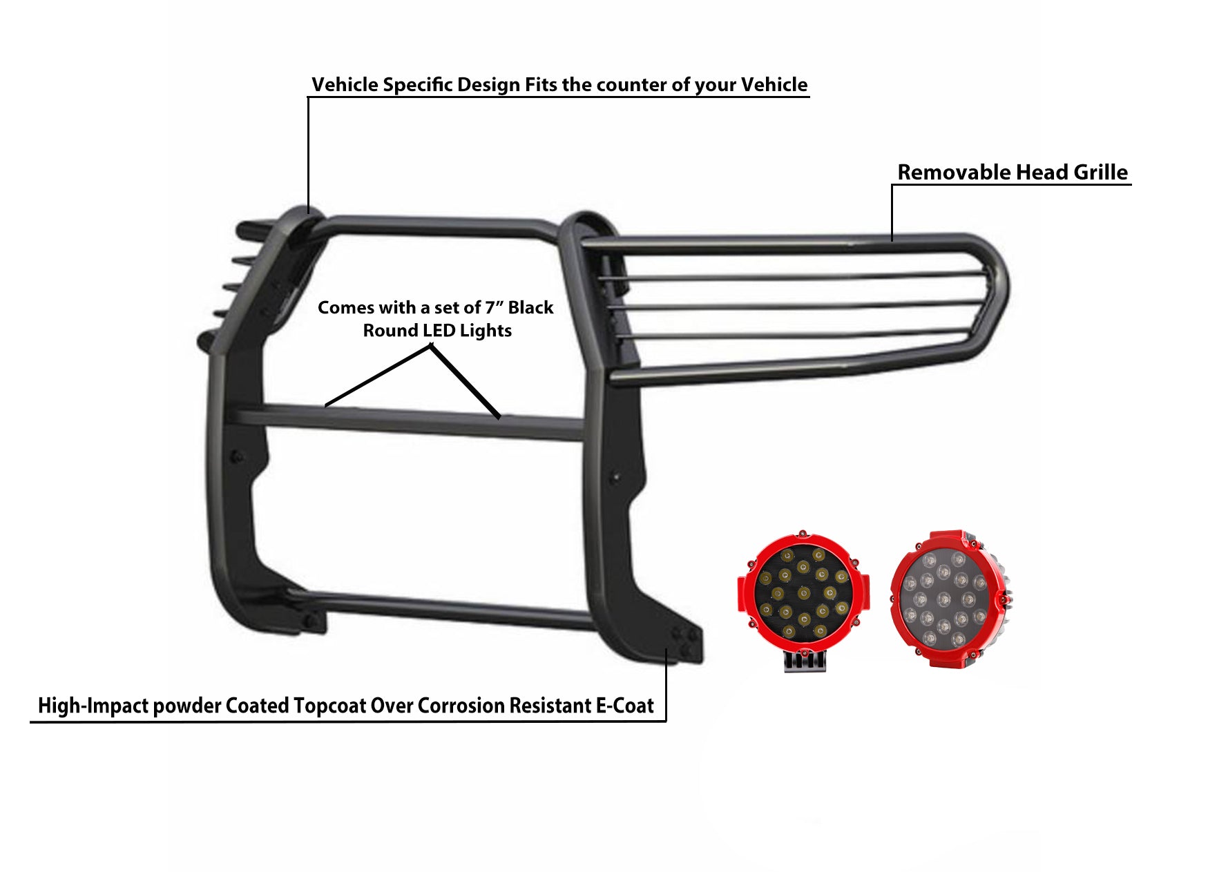 2006-2014 Honda Ridgeline Grille Guard Kit Modular Incl. pair of 7.0"Dia.  LED  Lights w/Red Trim Rings w/ Wiring Harness and Switch | Black Horse Off Road - Image 2