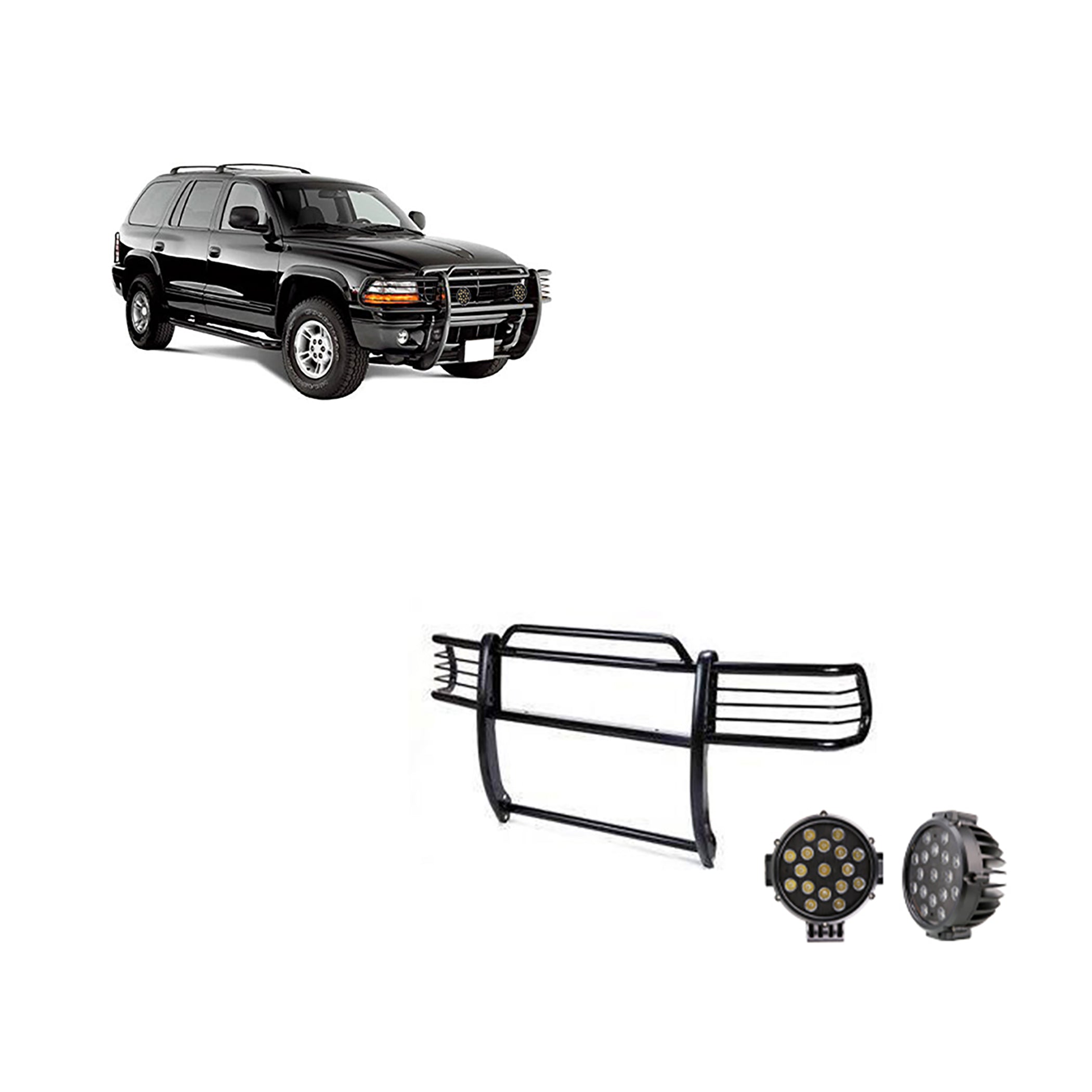 1997-2004 Dodge Ram Dakota Grille Guard Kit Modular Incl. pair of 7.0"Dia.  LED  Lights w/ Black Trim Rings w/ Wiring Harness and Switch | Black Horse Off Road - Image 1