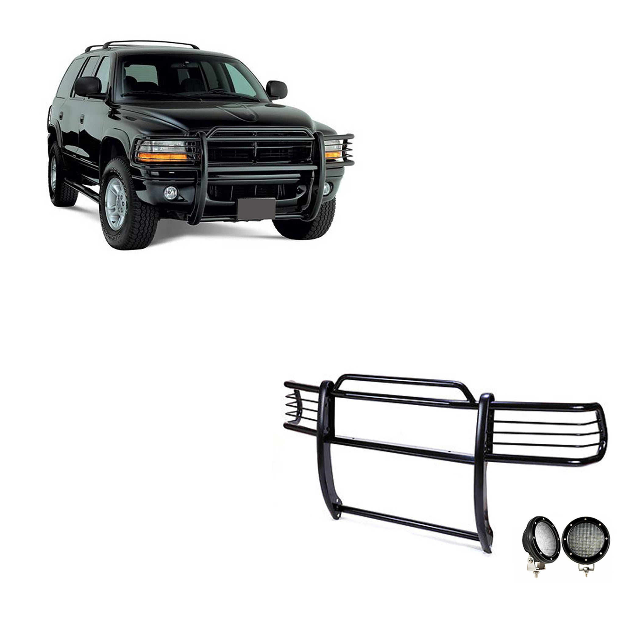1997-2004 Dodge Ram Dakota Grille Guard Kit Modular Pair  of 5.3" Dia. LED Flood Lights w/ Black Trim Rings Wiring Harness  and Switch | Black Horse Off Road - Image 1
