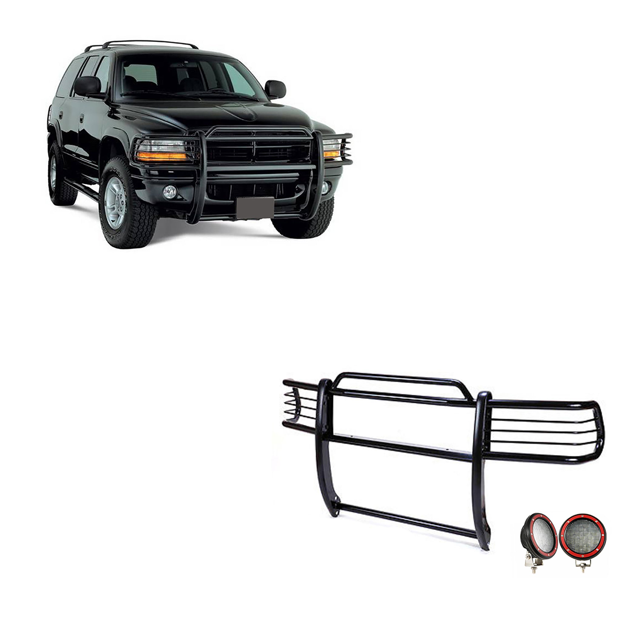 1997-2004 Dodge Ram Dakota Grille Guard Kit Modular Pair  of 5.3" Dia. LED Flood Lights w/ Red Trim Rings Wiring Harness  and Switch | Black Horse Off Road - Image 1