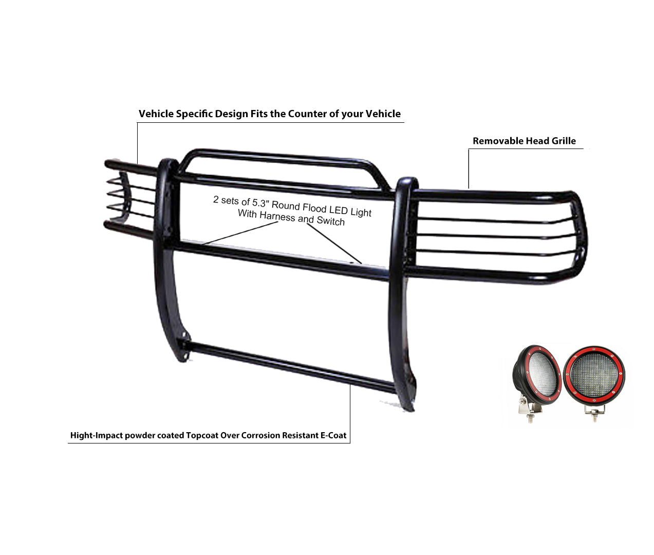 1997-2004 Dodge Ram Dakota Grille Guard Kit Modular Pair  of 5.3" Dia. LED Flood Lights w/ Red Trim Rings Wiring Harness  and Switch | Black Horse Off Road - Image 9