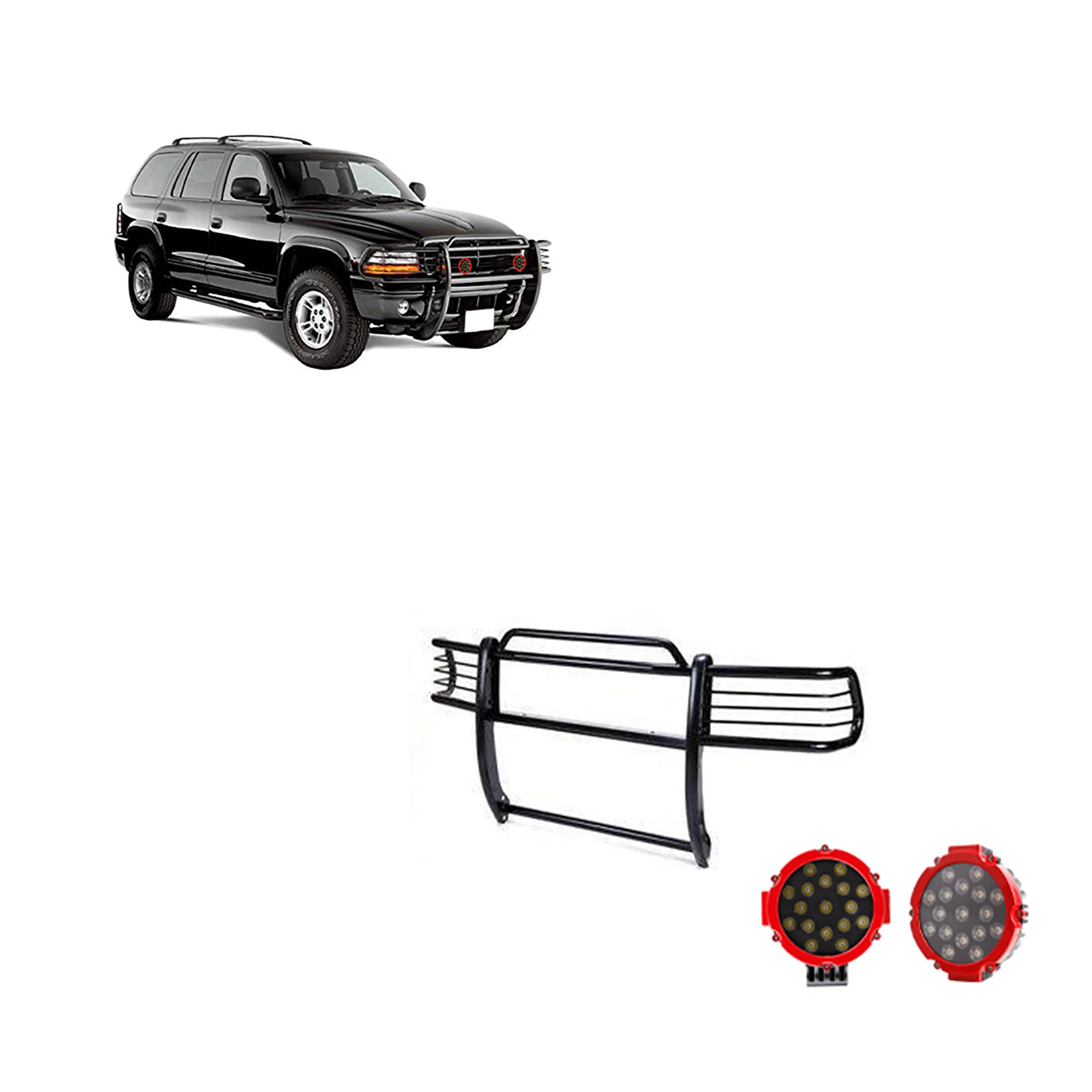 1997-2004 Dodge Ram Dakota Grille Guard Kit Modular Incl. pair of 7.0"Dia.  LED  Lights w/Red Trim Rings w/ Wiring Harness and Switch | Black Horse Off Road - Image 1