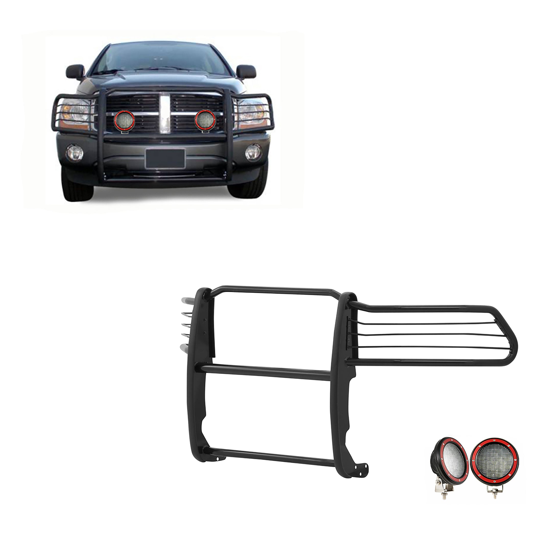 1994-2002 Dodge Ram Ram 1500 Grille Guard Kit Modular Pair  of 5.3" Dia. LED Flood Lights w/ Red Trim Rings Wiring Harness  and Switch | Black Horse Off Road - Image 1