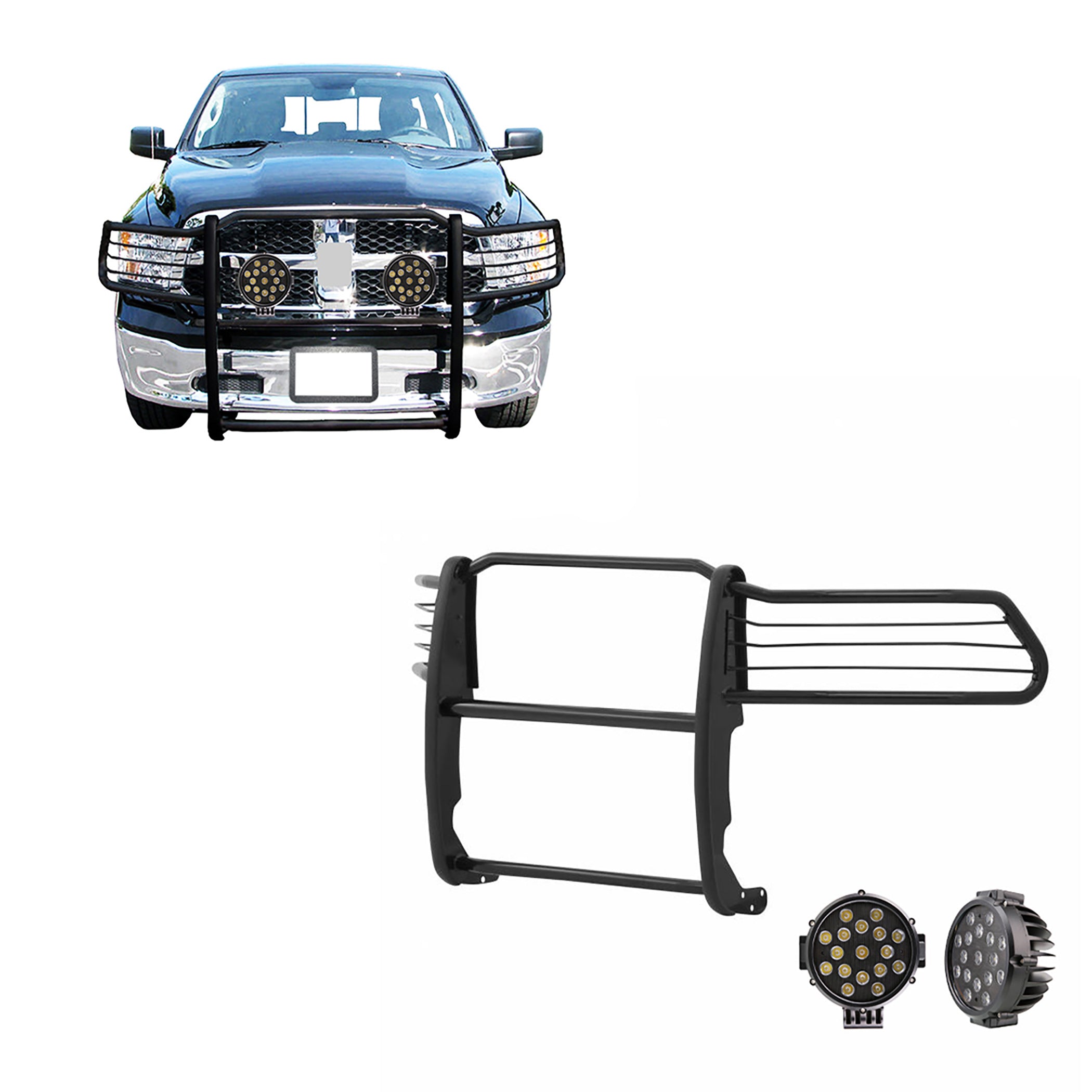2009-2024 Dodge Ram 1500 Grille Guard Kit Modular Incl. pair of 7.0"Dia.  LED  Lights w/ Black Trim Rings w/ Wiring Harness and Switch | Black Horse Off Road - Image 1